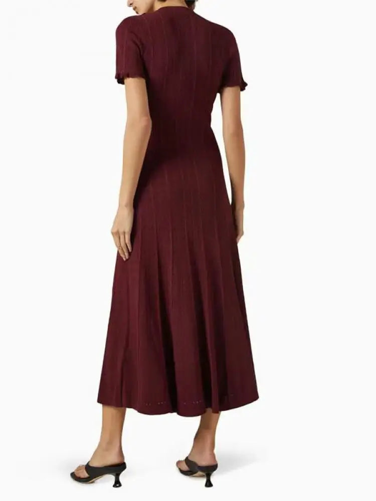 Korean Women's Red Round Neck Short Sleeve Split Knit Dresses Spring Summer Black White Single Breasted Holiday Long Dress 2024