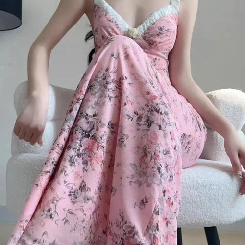 Load image into Gallery viewer, French Women Summer Pink Floral Backless Sleeveless Wrapped Hip Long Dress V Neck Ruffle Print Slim Vacation Slip Dress Bohemian
