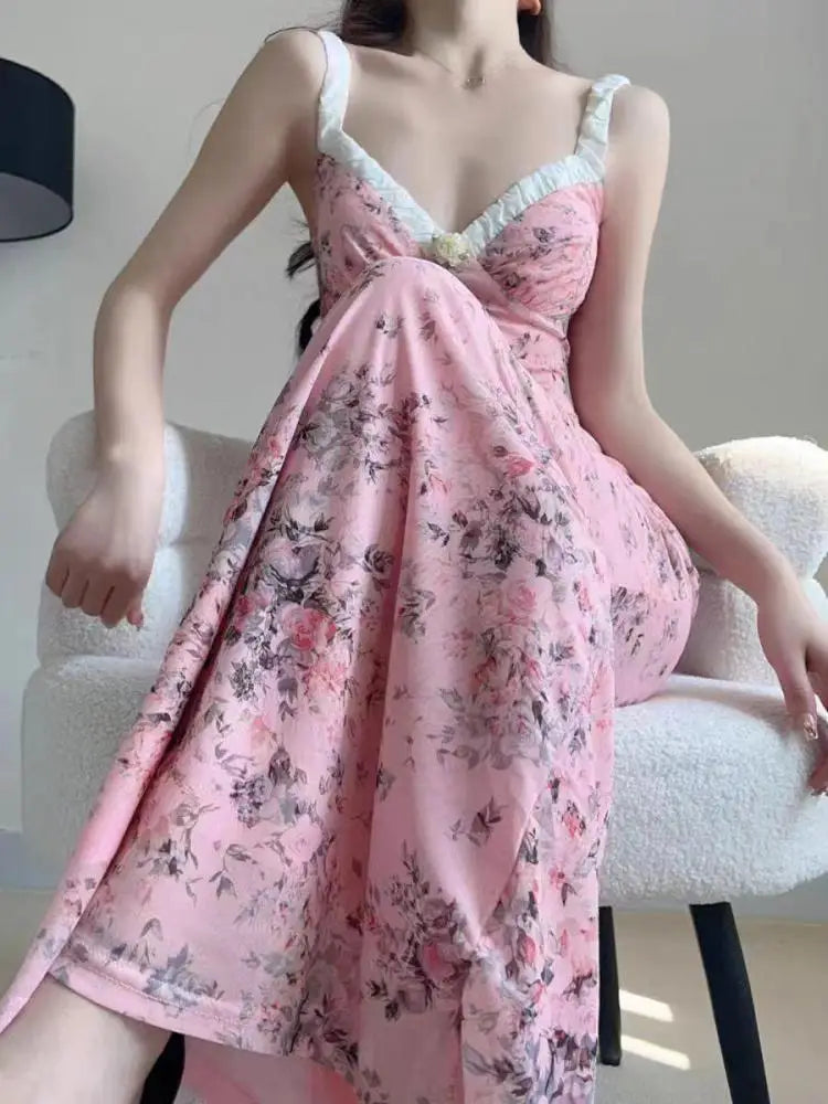 French Women Summer Pink Floral Backless Sleeveless Wrapped Hip Long Dress V Neck Ruffle Print Slim Vacation Slip Dress Bohemian