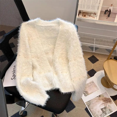 Load image into Gallery viewer, Autumn Winter Vintage Fashion 2024 New Solid Elegant Pearl Button Imitation Mink Short Sweater Women V Neck Cardigan Knit Tops
