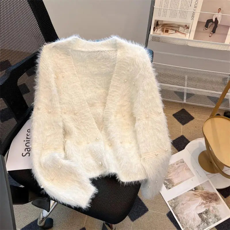 Autumn Winter Vintage Fashion 2024 New Solid Elegant Pearl Button Imitation Mink Short Sweater Women V Neck Cardigan Knit Tops