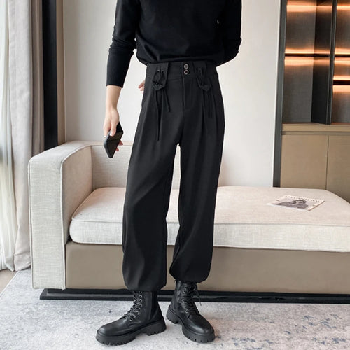 Load image into Gallery viewer, Autumn Mne&#39;s Casual Pants Solid Color Lace-up Design Casual Suit Trousers Fashion Men Balck Bottoms Simple 9C2397
