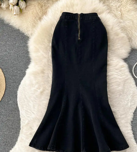 2023 New Women Black Denim Split Long Skirts Autumn High Wasit Blue Mermaid Jeans Skirt Female A-line Ruffled Fishtail Skirt Y2k