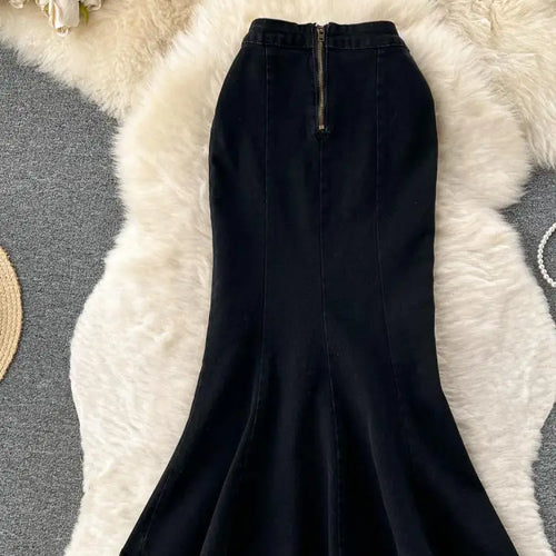 Load image into Gallery viewer, 2023 New Women Black Denim Split Long Skirts Autumn High Wasit Blue Mermaid Jeans Skirt Female A-line Ruffled Fishtail Skirt Y2k
