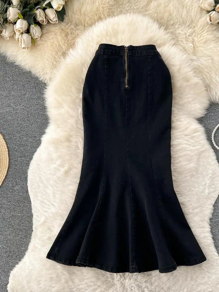 2023 New Women Black Denim Split Long Skirts Autumn High Wasit Blue Mermaid Jeans Skirt Female A-line Ruffled Fishtail Skirt Y2k