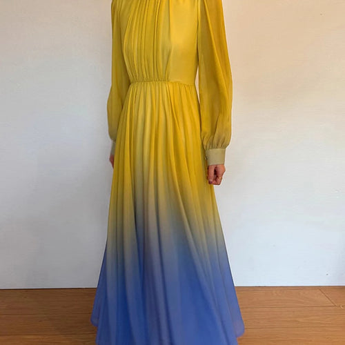 Load image into Gallery viewer, Hit Color Spliced Belt Elegant Dresses For Women O Neck Long Sleeve High Waist Casual Temperament Dress Female New
