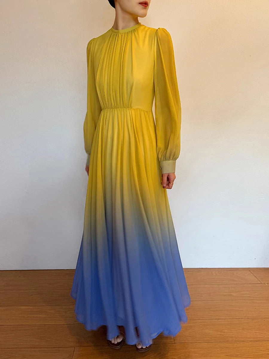 Hit Color Spliced Belt Elegant Dresses For Women O Neck Long Sleeve High Waist Casual Temperament Dress Female New