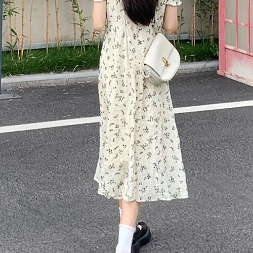 Load image into Gallery viewer, French Style Puff Sleeve White Floral Dress Summer Elegant Slim Printed Women’s Dresses Sweet Casual Fashion Streetwear
