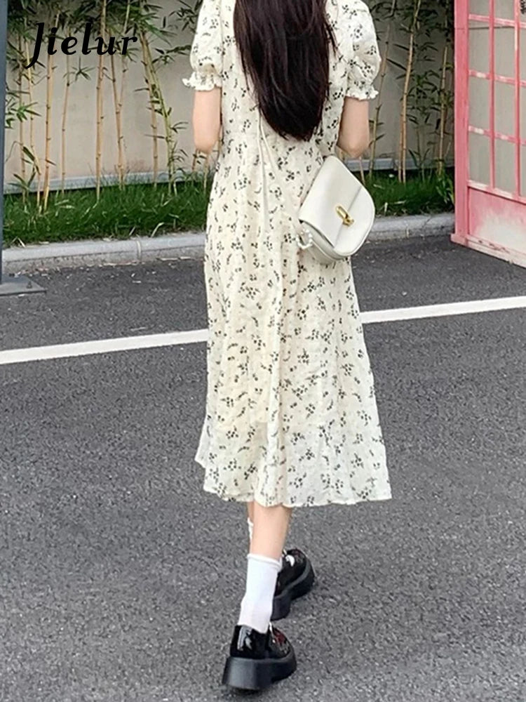 French Style Puff Sleeve White Floral Dress Summer Elegant Slim Printed Women’s Dresses Sweet Casual Fashion Streetwear