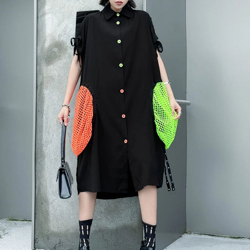 Load image into Gallery viewer, Women Black Color-block Grid Pocket Big Size Shirt Dress New Lapel Short Sleeve Fashion Tide Spring Summer 2025 1DJ1332
