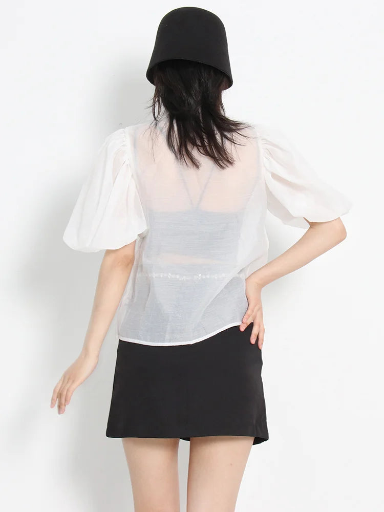 Ruffle Trim Black Shirt For Women Lapel Puff Sleeve Solid Button Through Blouse Female Fashion Clothing Style