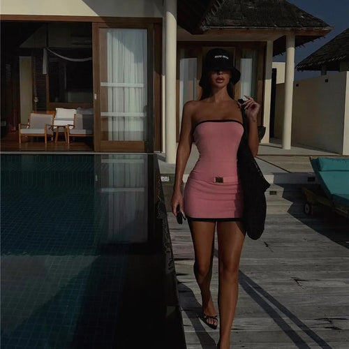 Load image into Gallery viewer, Off-shoulder Strapless Sexy Knit Dress Women Robe Contrast Color Sleeveless Backless Bodycon Beach Mini Dress Knitwear
