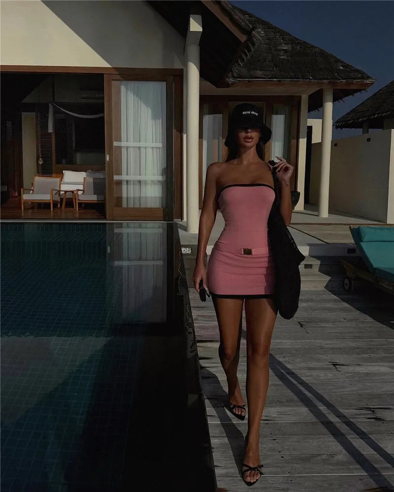 Off-shoulder Strapless Sexy Knit Dress Women Robe Contrast Color Sleeveless Backless Bodycon Beach Mini Dress Knitwear