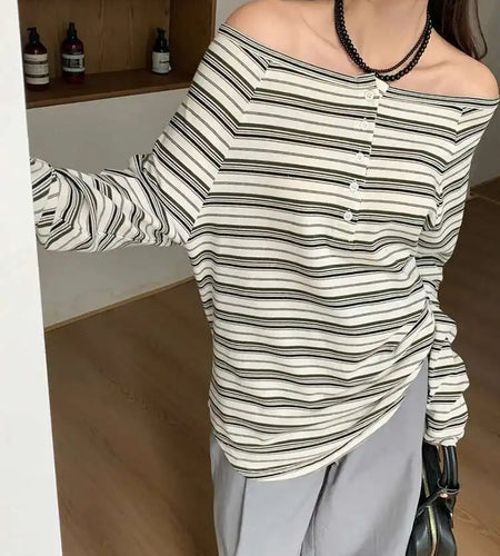 Women Black Striped Button Elegant Big Size T-shirt New Slash Neck Long Sleeve Fashion Tide Spring Autumn 2025 1DJ0359