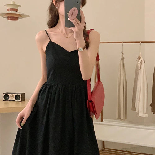 Load image into Gallery viewer, Summer Black Spaghetti Strap Women&#39;s Dresses French Style Backless Ruffles Sleeveless V-neck Solid Color Female Dresses
