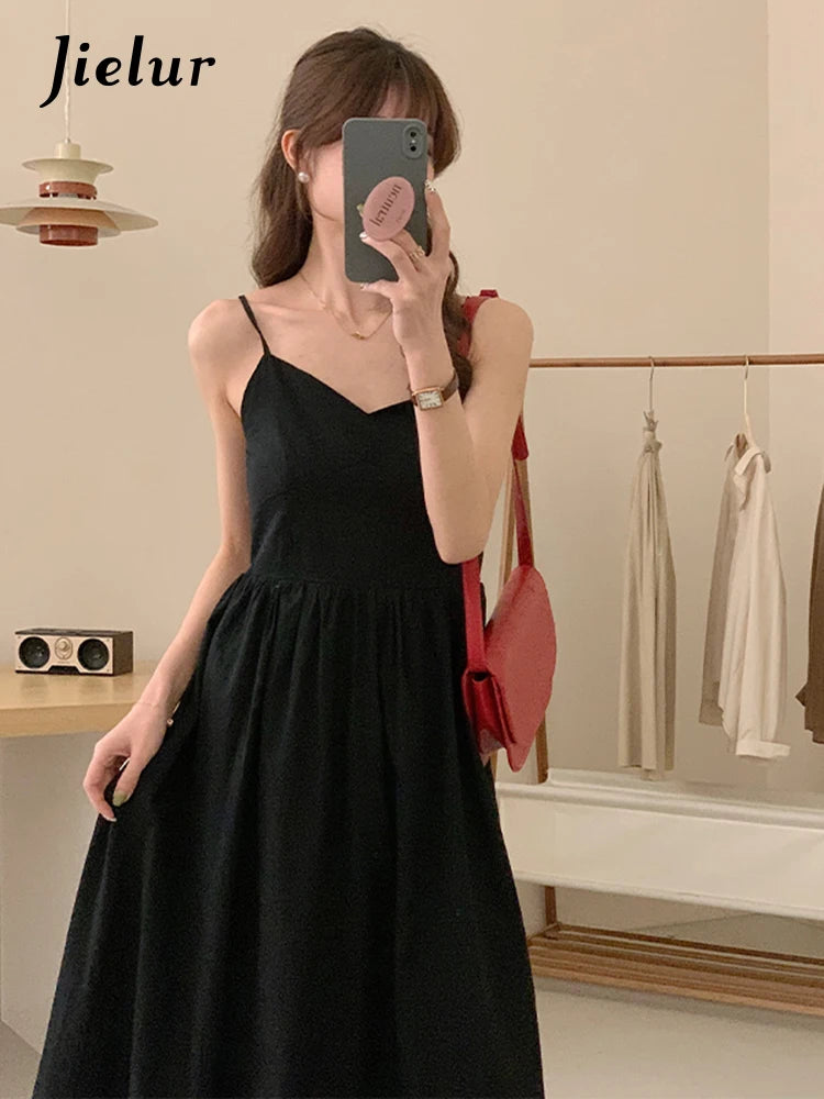 Summer Black Spaghetti Strap Women's Dresses French Style Backless Ruffles Sleeveless V-neck Solid Color Female Dresses