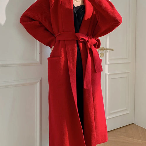 Load image into Gallery viewer, Black Belted Big Size Long Knitting Cardigan Sweater V-Neck Long Sleeve Women New Fashion Tide Spring Autumn 2025 1DH6446
