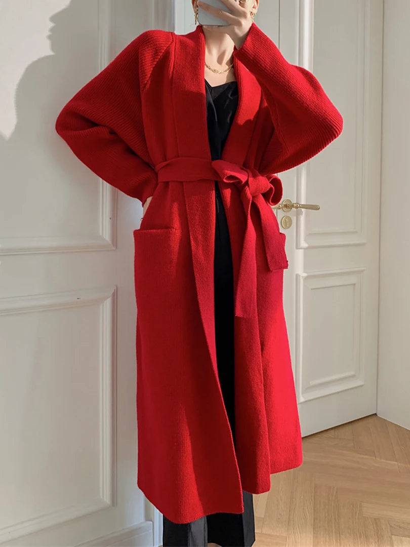 Black Belted Big Size Long Knitting Cardigan Sweater V-Neck Long Sleeve Women New Fashion Tide Spring Autumn 2025 1DH6446