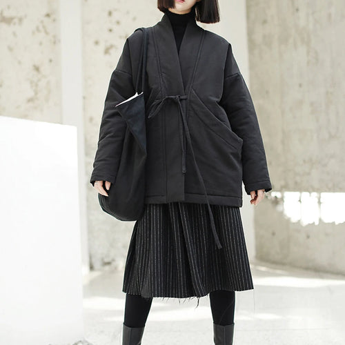 Load image into Gallery viewer, Women Bandage Cotton-padded Coat Big Size Warm New Autumn Winter V-collar Long Sleeve Black Loose Brief Fashion 2025 JK133
