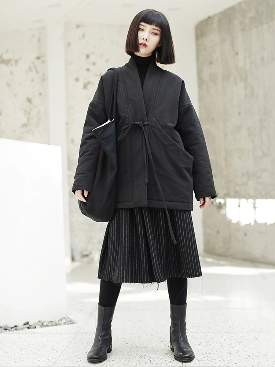 Women Bandage Cotton-padded Coat Big Size Warm New Autumn Winter V-collar Long Sleeve Black Loose Brief Fashion 2025 JK133