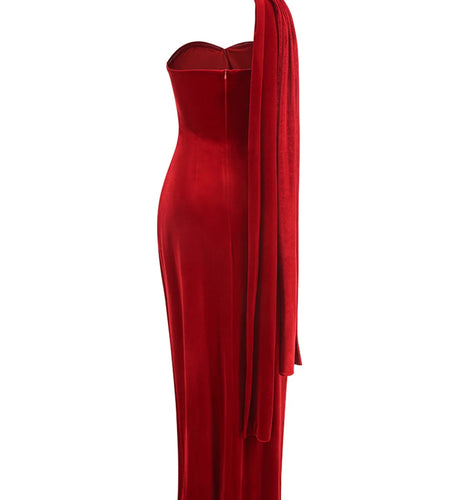 Red Spliced Folds Elegant Dresses for Women Strapless Sleveesless Tunic Split Patchwork Lace Up Long Dress Female