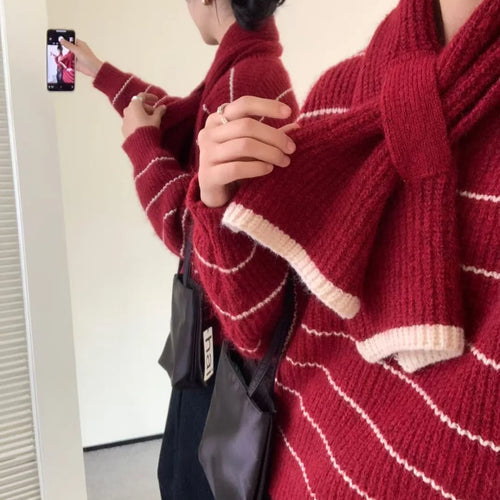 Load image into Gallery viewer, Korean Vintage Striped Long Sleeve Versatile Sweater Autumn Winter Women Short Loose Pullover Knit Tops And Scarf Casual Popular
