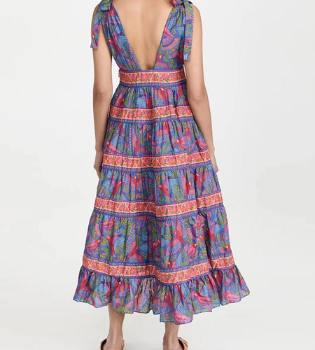 Vintage Print Colorblock Dress For Female V Neck Sleeveless Backless High Waist Lace Up Long Dresses Woman Clothing Fashion