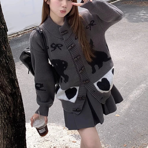 Load image into Gallery viewer, Vintage Striped Cartoon Jacquard Loose Cardigan Harajuku Stand Neck Horn Toggle Button Sweaters Y2k Aesthetic Knitted Cardigans
