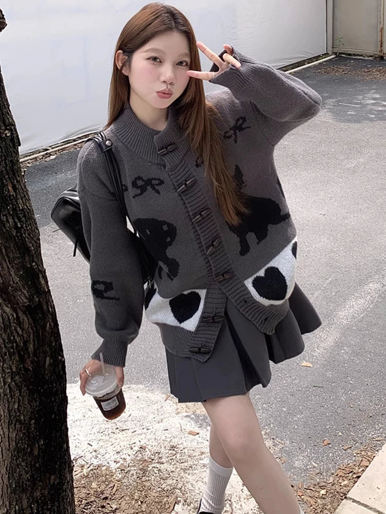 Vintage Striped Cartoon Jacquard Loose Cardigan Harajuku Stand Neck Horn Toggle Button Sweaters Y2k Aesthetic Knitted Cardigans