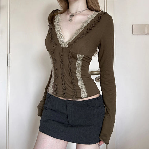 Load image into Gallery viewer, 2000s Fairy Grunge Crop Top Women V Neck Lace Patchwork Ruffle Trim Long Sleeve T Shirt Emo Gothic Clothes Streetwear
