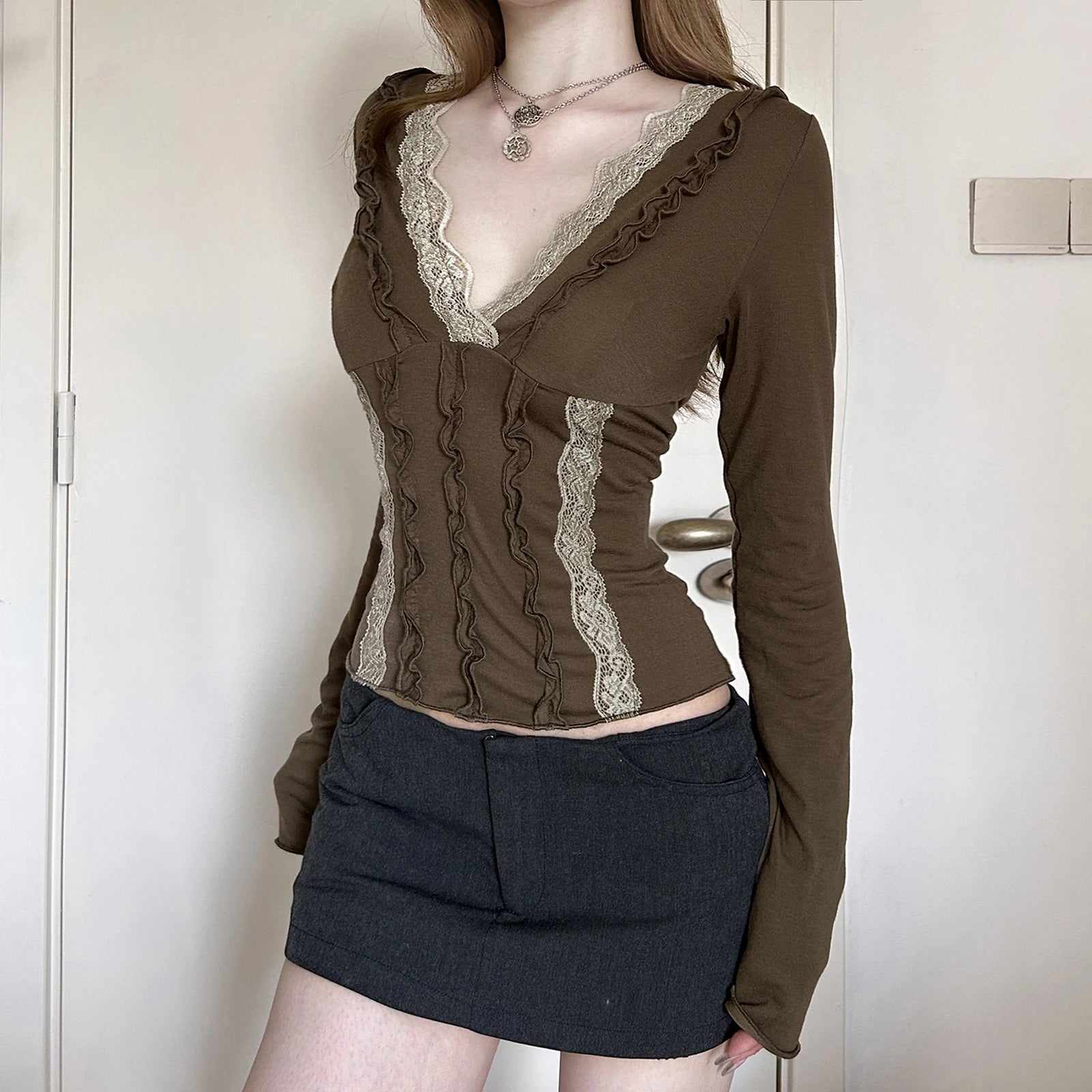 2000s Fairy Grunge Crop Top Women V Neck Lace Patchwork Ruffle Trim Long Sleeve T Shirt Emo Gothic Clothes Streetwear