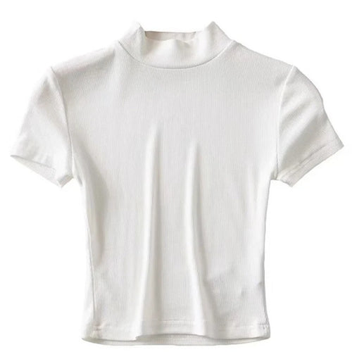 Load image into Gallery viewer, Women High Neck Fitted Short Sleeve T-shirt Rib Crop Rib Top
