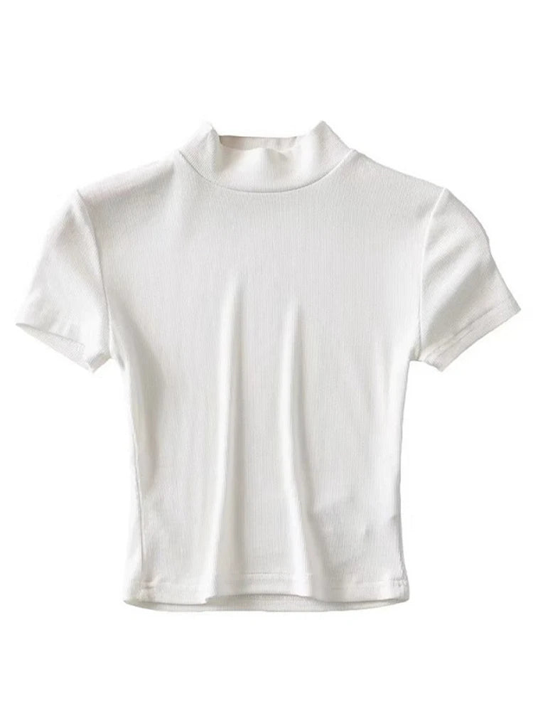 Women High Neck Fitted Short Sleeve T-shirt Rib Crop Rib Top