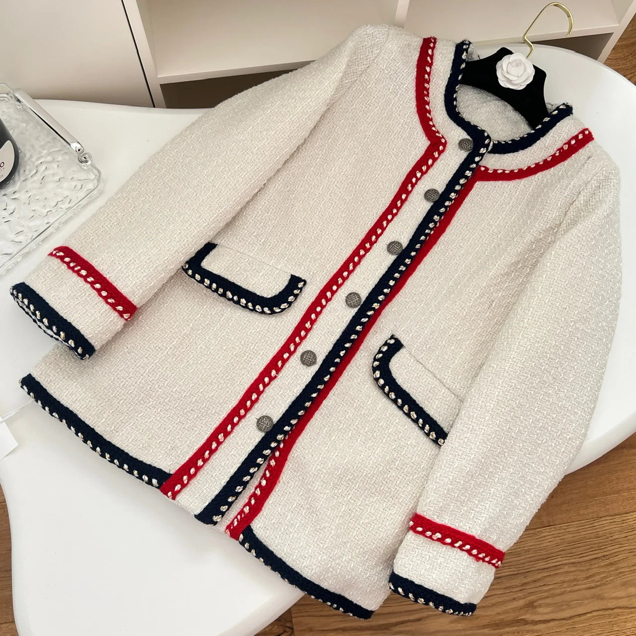 Retro Beige Patchwork Round Neck Woolen Coat Women Long Sleeve Thick Single Breasted Jacket 2024 Autumn Winter Casual Ladies Y2k