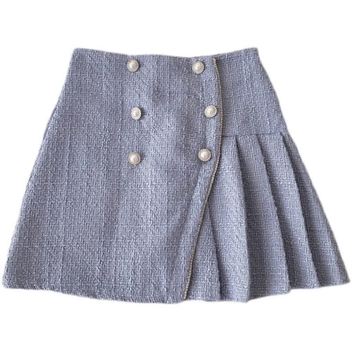 Load image into Gallery viewer, Autumn Winter Retro Plaid Slim Pleated A-line Woolen Half-length Skirt Womens Irregular Pearl Buckle High Waist Mini Tweed Skirt
