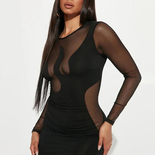 Load image into Gallery viewer, See Through Mesh Insert Black Bodycon Dresses for Women 2023 Fall Long Sleeve Short Dress Sexy Club Outfits C70-BE17
