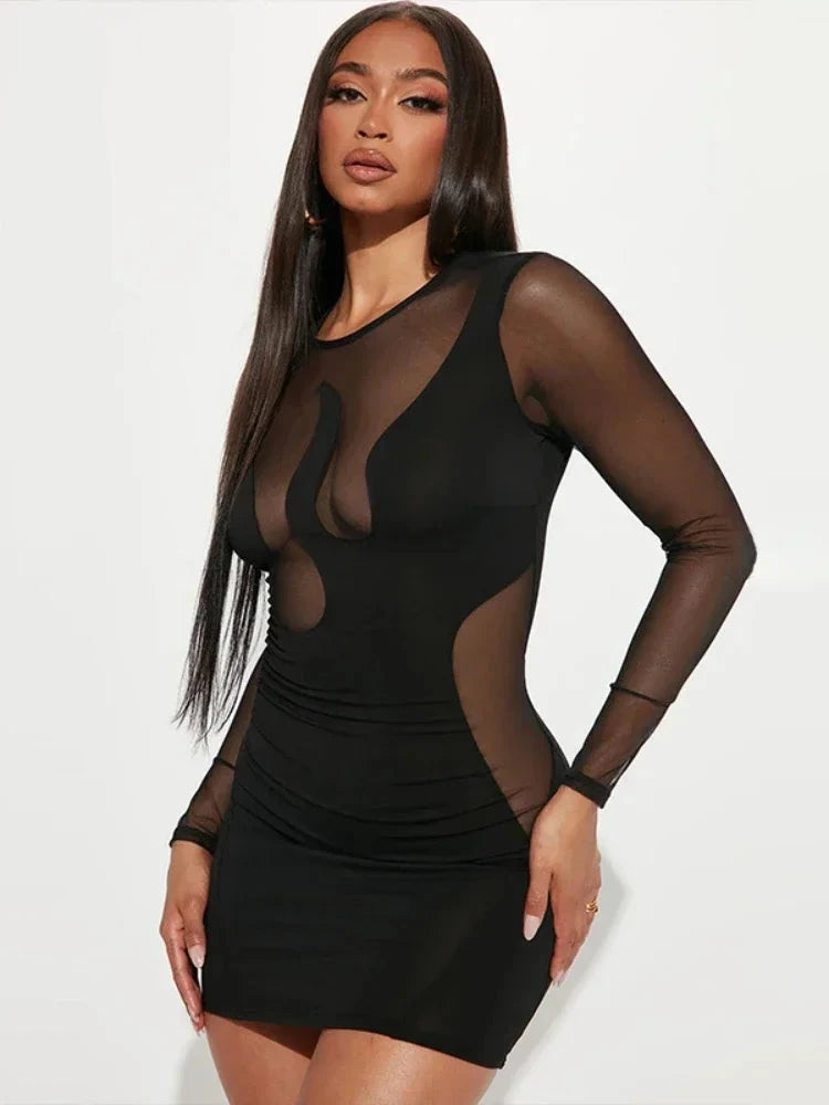 See Through Mesh Insert Black Bodycon Dresses for Women 2023 Fall Long Sleeve Short Dress Sexy Club Outfits C70-BE17