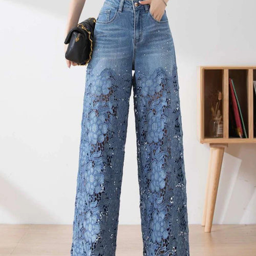 Load image into Gallery viewer, Solid Hollow Out Denim Pant For Women High Waist Patchwork Lace Casual Full Length Pants Female Fashion Clothes
