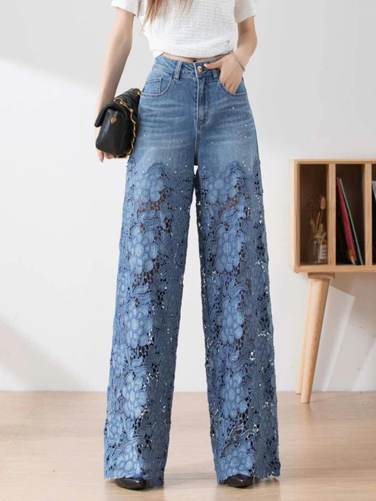 Solid Hollow Out Denim Pant For Women High Waist Patchwork Lace Casual Full Length Pants Female Fashion Clothes