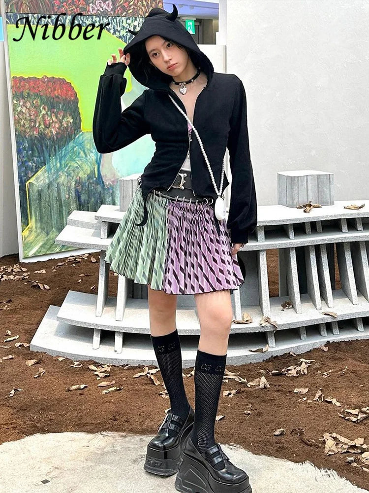 Gothic Little Devil Horn Jacket Women Hooded Zipper Long Sleeve Irregular Hem Autumn Cute Casual Trend Stretch Streetwear