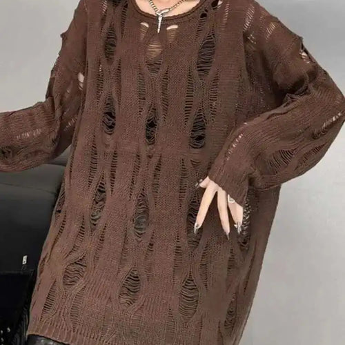 Load image into Gallery viewer, Brown Hollow Out Big Size Knitting Sweater Round Neck Long Sleeve Women Pullovers New Fashion Spring Autumn 2025 1DH6883
