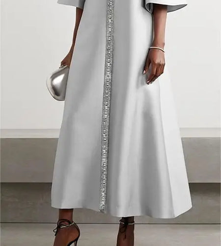 Women’s Luxury Silver Gown with Crystal Embellishments Fit Summer Elegant Flared Sleeves Midi Evening Dresses 2025 New