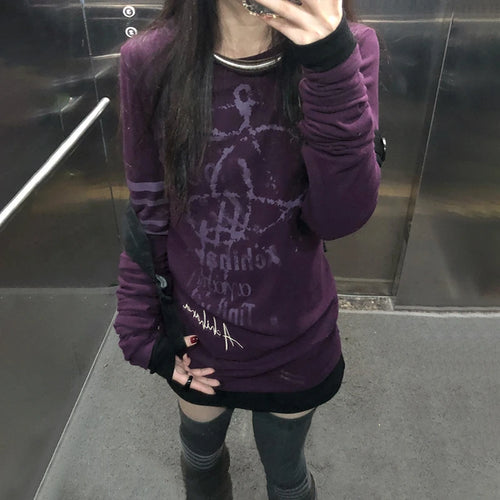 Load image into Gallery viewer, Japanese Y2k Letter Print T-shirt Grunge 2000s Style Long T Shirt Vintage Harajuku Long Sleeve Purple Top American Retro
