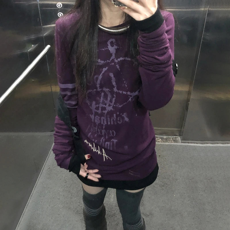 Japanese Y2k Letter Print T-shirt Grunge 2000s Style Long T Shirt Vintage Harajuku Long Sleeve Purple Top American Retro