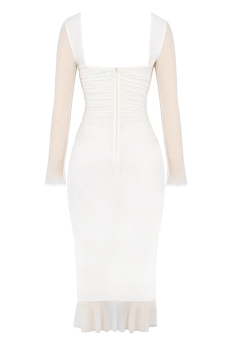 Elegant Ruffle Midi Dress For Women Summer New Mesh Backless Sleeveless Ruched Club Party Sexy Dress Vestido 2024