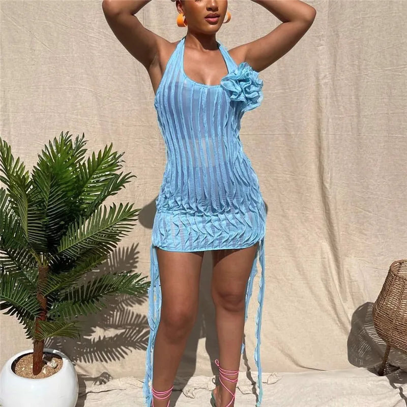 Halter Floral Pleated Sexy Mini Dress For Women Robe Fashion Sleeveless Backless Draped Club Party Dress Elegant