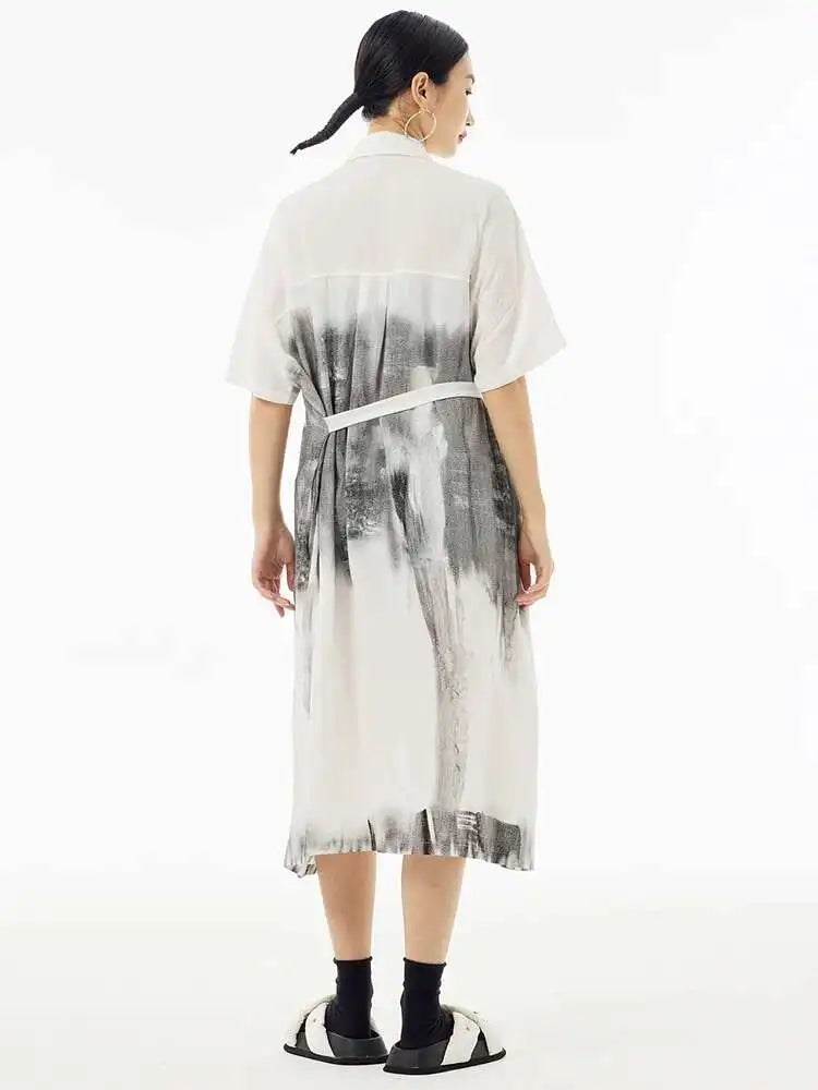 Women Green Pattern Printed Belted Big Size Shirt Dress New Lapel Short Sleeve Fashion Tide Spring Summer 2025  1DH5759