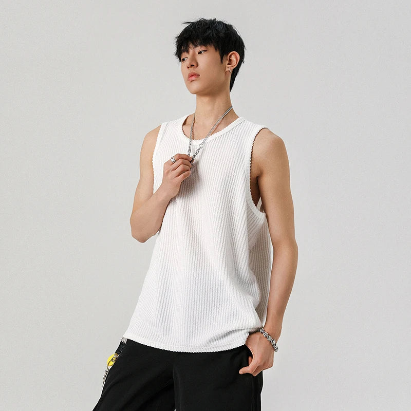 Loose Male Vest Loose Stripe Sleeveless T-shirt Pullover Solid Color T-shirts Men's Casual Top Summer Trend Handsome 9W1297