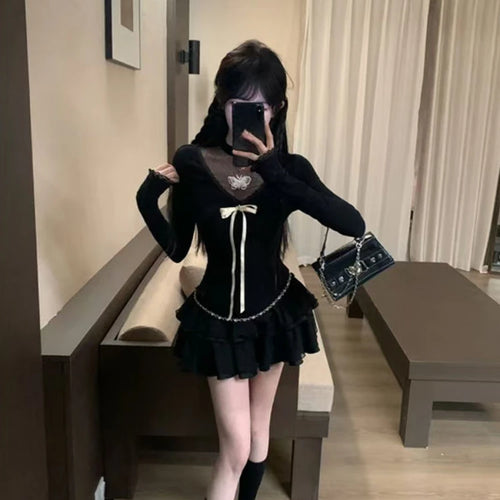 Load image into Gallery viewer, Harajuku Vintage Fairy Lace Patchwork Tees Y2k Aesthetic Slim Fit Women Sexy Butterfly T-shirt Streetwear Grunge Black Tshirts
