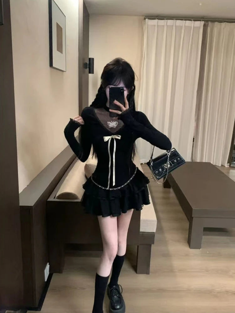 Harajuku Vintage Fairy Lace Patchwork Tees Y2k Aesthetic Slim Fit Women Sexy Butterfly T-shirt Streetwear Grunge Black Tshirts